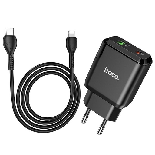 Hoco N5 Netz- Schnellladegerät (QC + PD Anschluss) PD lightning Kabel, PD20W + QC3.0, schwarz