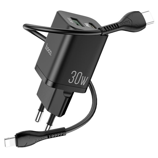 Hoco N13 Netz- Schnellladegerät (QC + PD Anschluss) PD lightning Kabel, PD 30W + QC 3.0, schwarz
