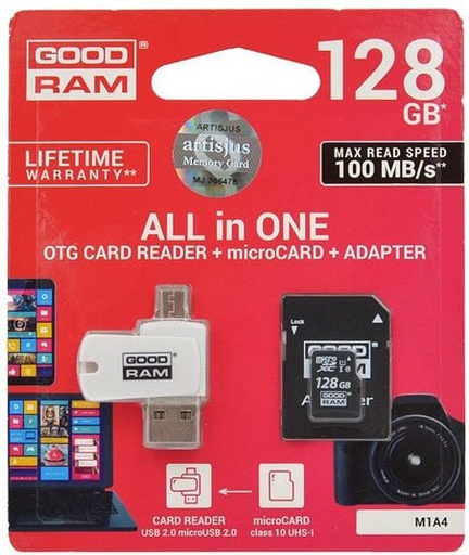 Goodram M1A4-1280R12 128GB class10 Speicherkarte, USB OTG mit Kartenleser, schwarz