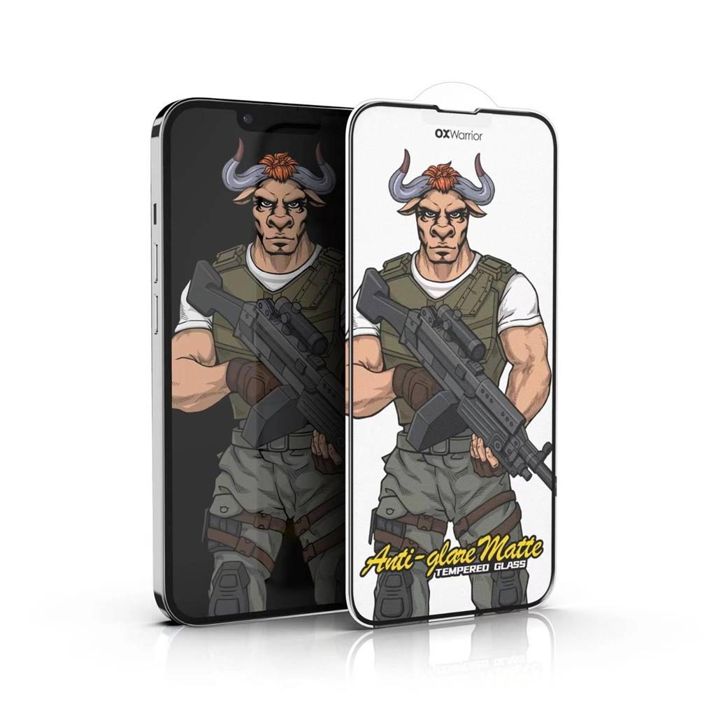 [112320110339] Apple iPhone 15 Plus OX Warrior Mr. Soldier ujjlenyomat mentes matte tempered glass clear (black frame)