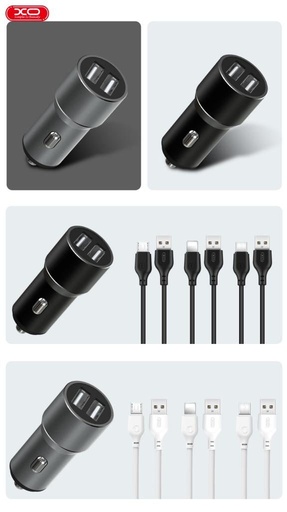 XO TZ09 Auto- Ladegerät (Grau) – 2×USB, Type-C Kabel, Aluminium Gehäuse, 12W