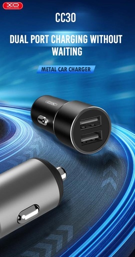 XO TZ09 Auto- Ladegerät (Grau) – 2×USB, Lightning Kabel, Aluminium Gehäuse, 12W