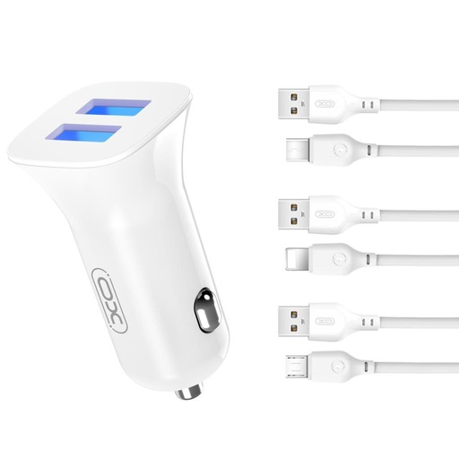 XO TZ10 Auto- Ladegerät (Weiß) – 2×USB, Lightning Kabel, dual port, 12W
