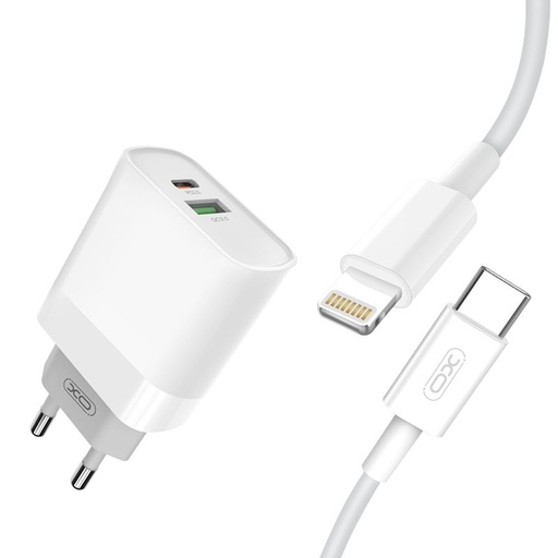 XO L64 PD 20W Schnellladegerät (Weiß) – PD 20W + QC 3.0, USB-A + USB-C Anschluss, Lightning mit Kabel