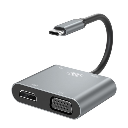 XO HUB001 4 az 1-ben Type-C adapter (Silber) – HDMI, VGA, USB 3.0, PD Laden
