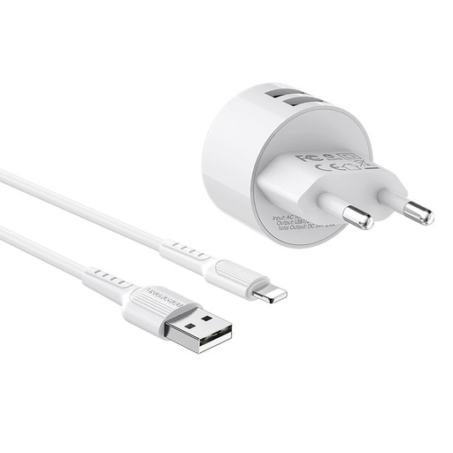 Borofone BA23A Netz- Ladegerät (2 USB port), lightning Kabel, 5V 2,4A, weiß