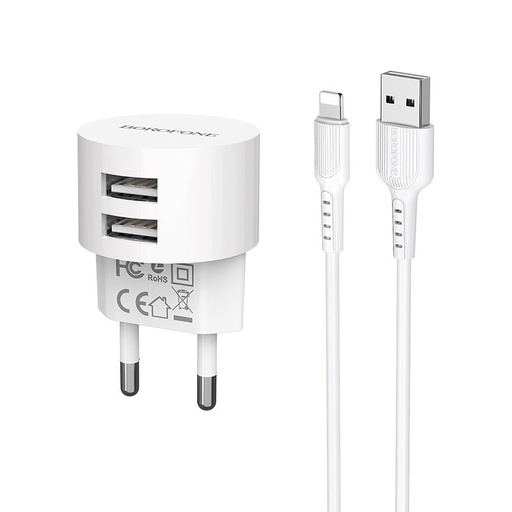 Borofone BA23A Netz- Ladegerät (2 USB port), lightning Kabel, 5V 2,4A, weiß