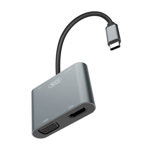 XO HUB001 4 az 1-ben Type-C adapter (Silber) – HDMI, VGA, USB 3.0, PD Laden